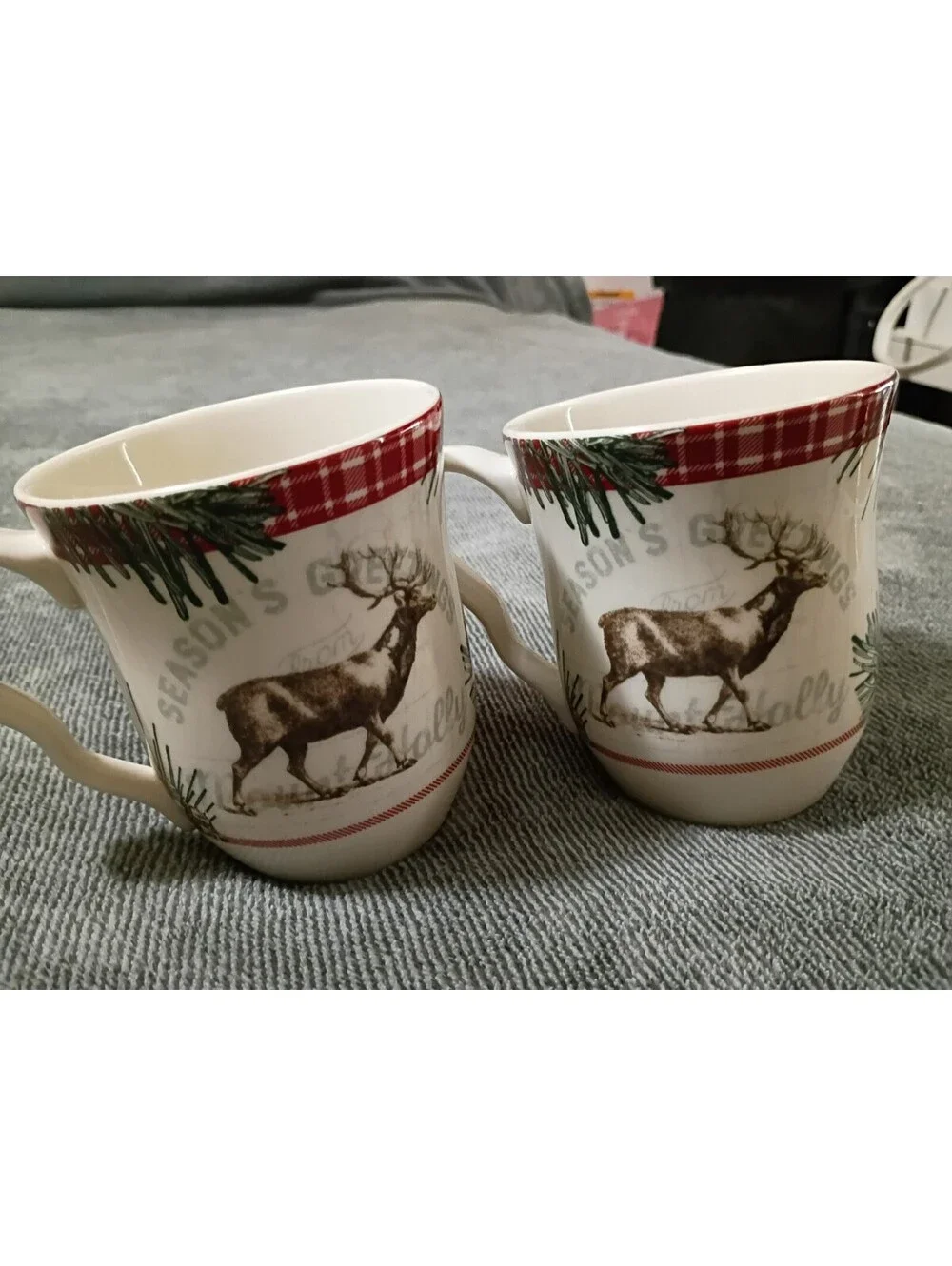 222 Fifth Mount Holly Green Christmas Deer Mugs Set of 2 Porcelain Plaid Holiday